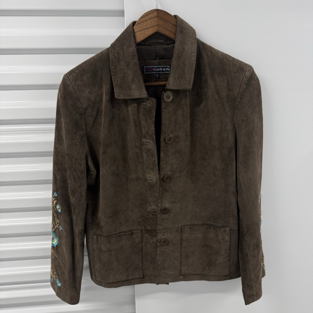 Roper Womens Small Brown Suede Leather Jacket Floral Embroidered Western